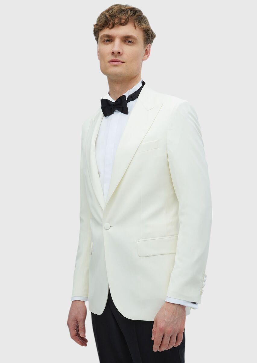 Ecru Plain Thin&Taller Slim Fit Shawl Collar Weaving Tuxedo - 3
