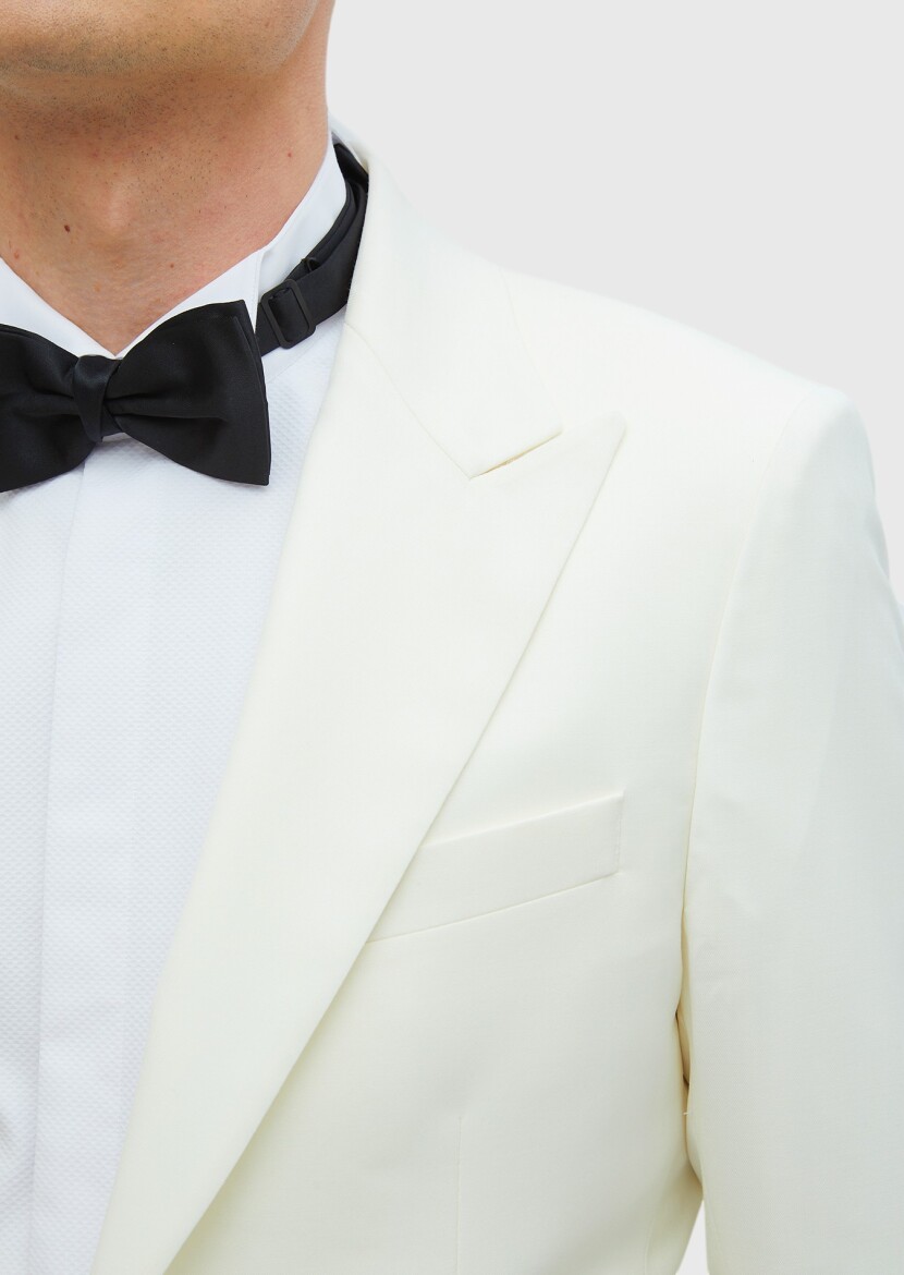 Ecru Plain Thin&Taller Slim Fit Shawl Collar Weaving Tuxedo - 4