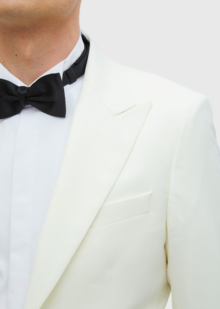 Ecru Plain Thin&Taller Slim Fit Shawl Collar Weaving Tuxedo - 4