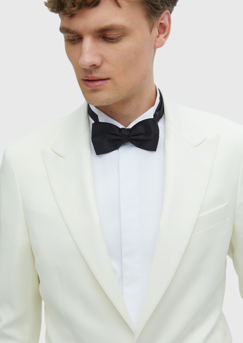 Ecru Plain Thin&Taller Slim Fit Shawl Collar Weaving Tuxedo - 5