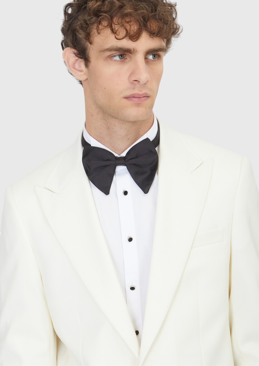 Ecru Plain Thin&Taller Slim Fit Shawl Collar Weaving Tuxedo - 3