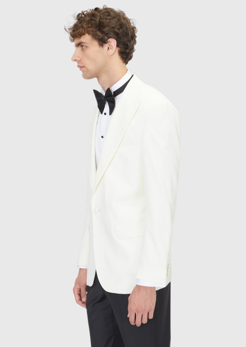 Ecru Plain Thin&Taller Slim Fit Shawl Collar Weaving Tuxedo - 4