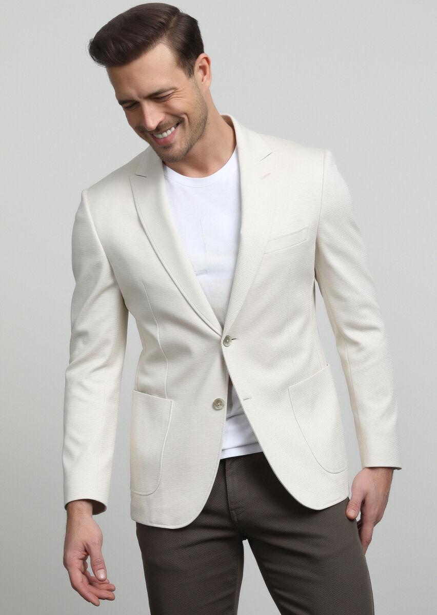 Ecru Plain Zeroweight Slim Fit 100% Cotton Jacket - 1