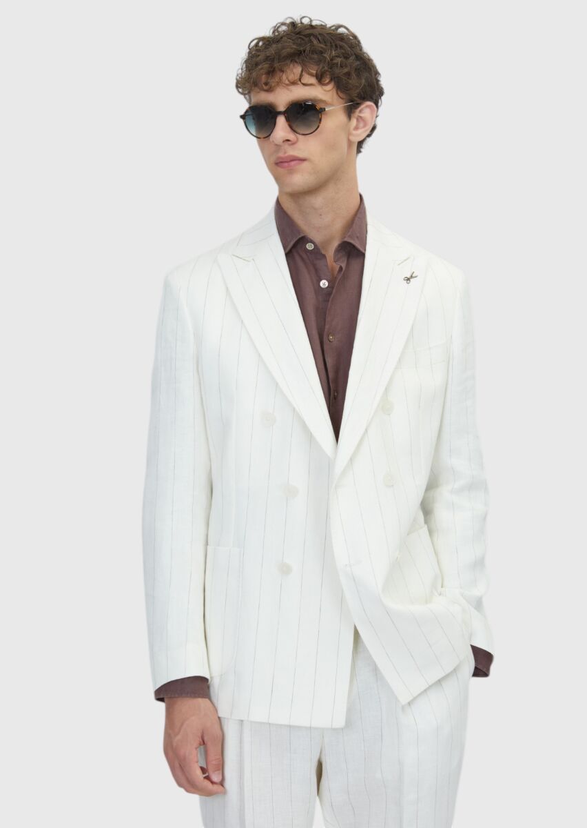 Ecru Plain Zeroweight Slim Fit 100% Linen Suit - 1