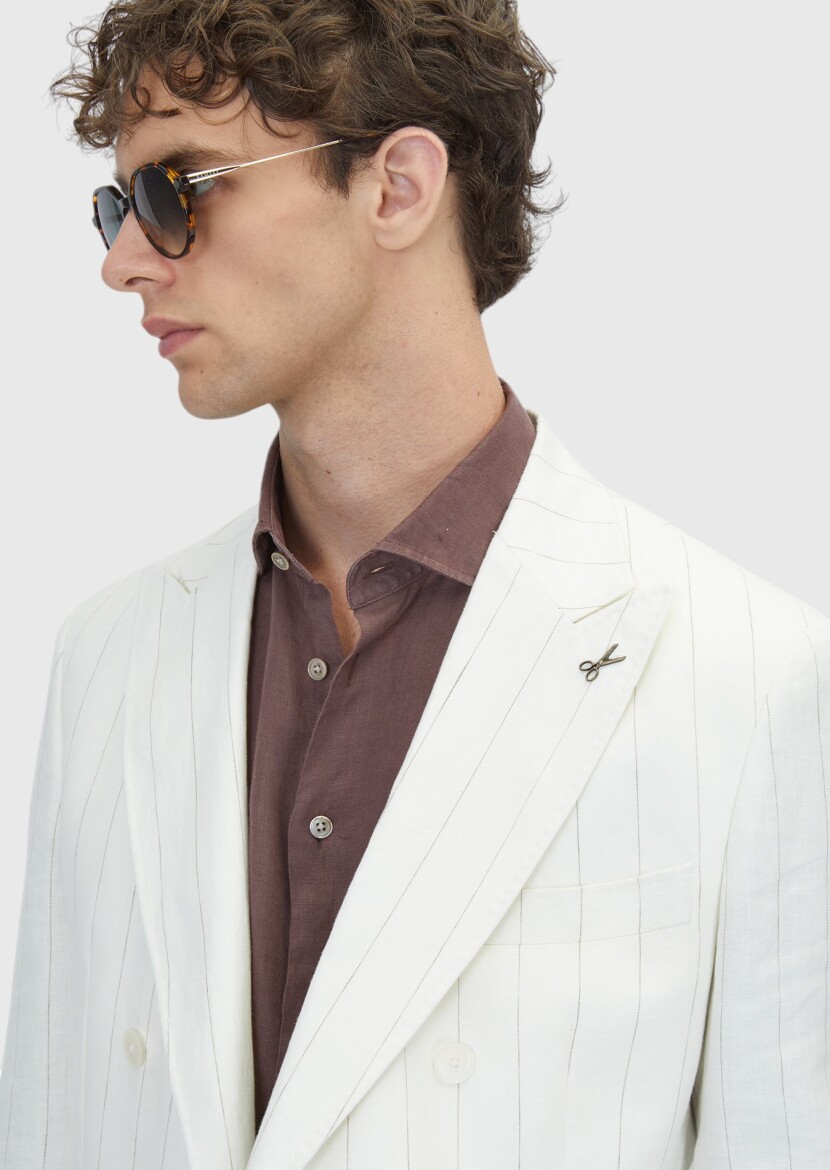 Ecru Plain Zeroweight Slim Fit 100% Linen Suit - 3