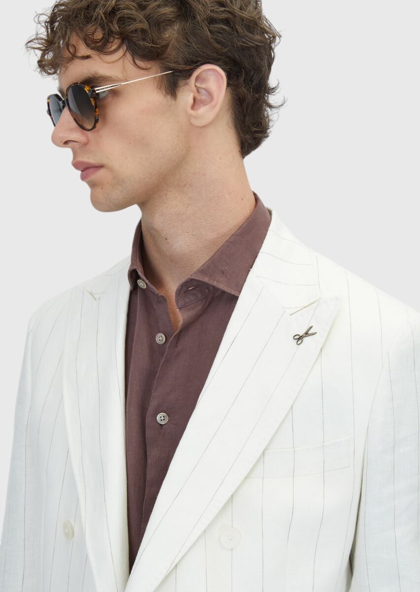 Ecru Plain Zeroweight Slim Fit 100% Linen Suit - 3