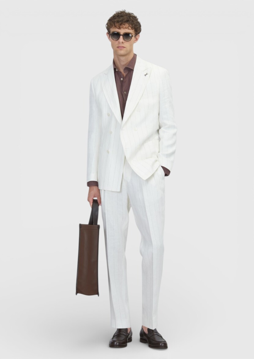 Ecru Plain Zeroweight Slim Fit 100% Linen Suit - 3