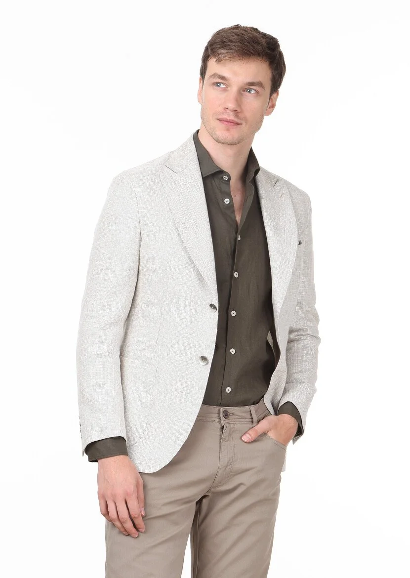 Ecru Plain Zeroweight Slim Fit Cotton Blended Jacket - 1