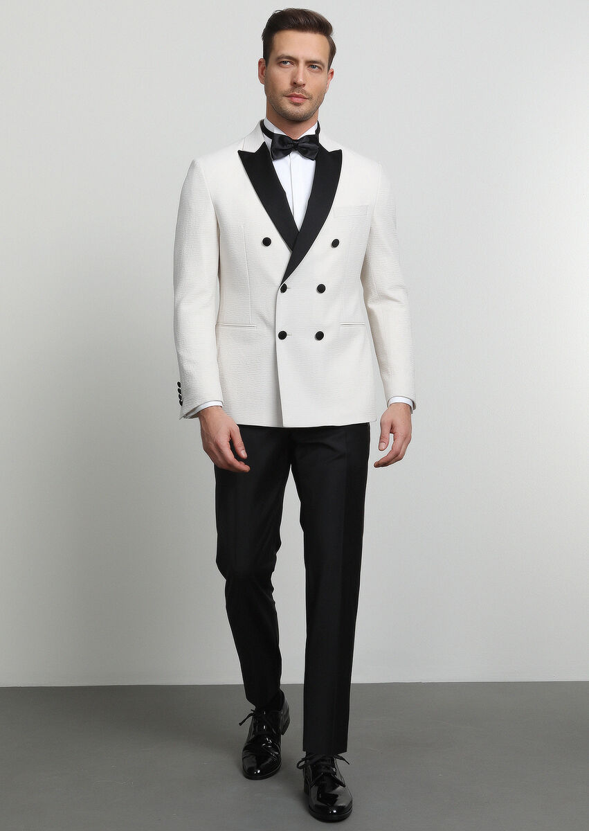 Ecru Plain Zeroweight Slim Fit Double Breasted Collar Weaving Tuxedo - 1