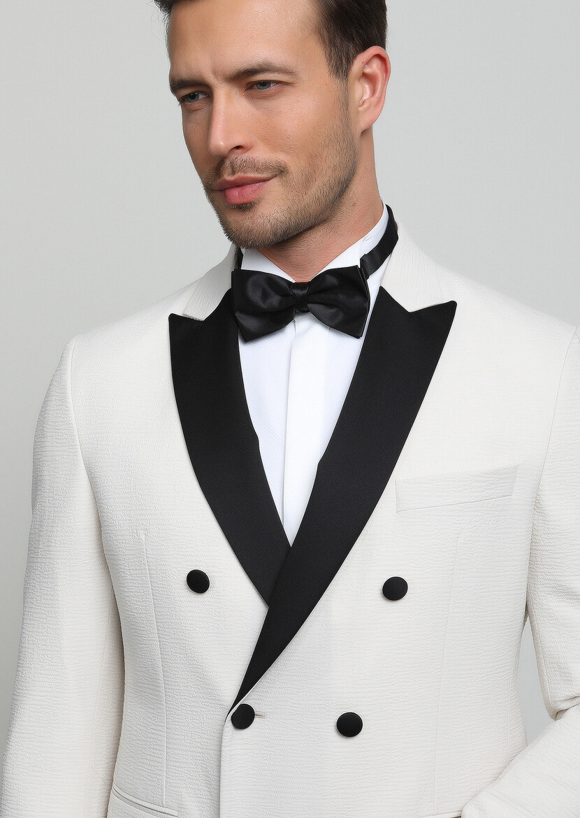 Ecru Plain Zeroweight Slim Fit Double Breasted Collar Weaving Tuxedo - 2