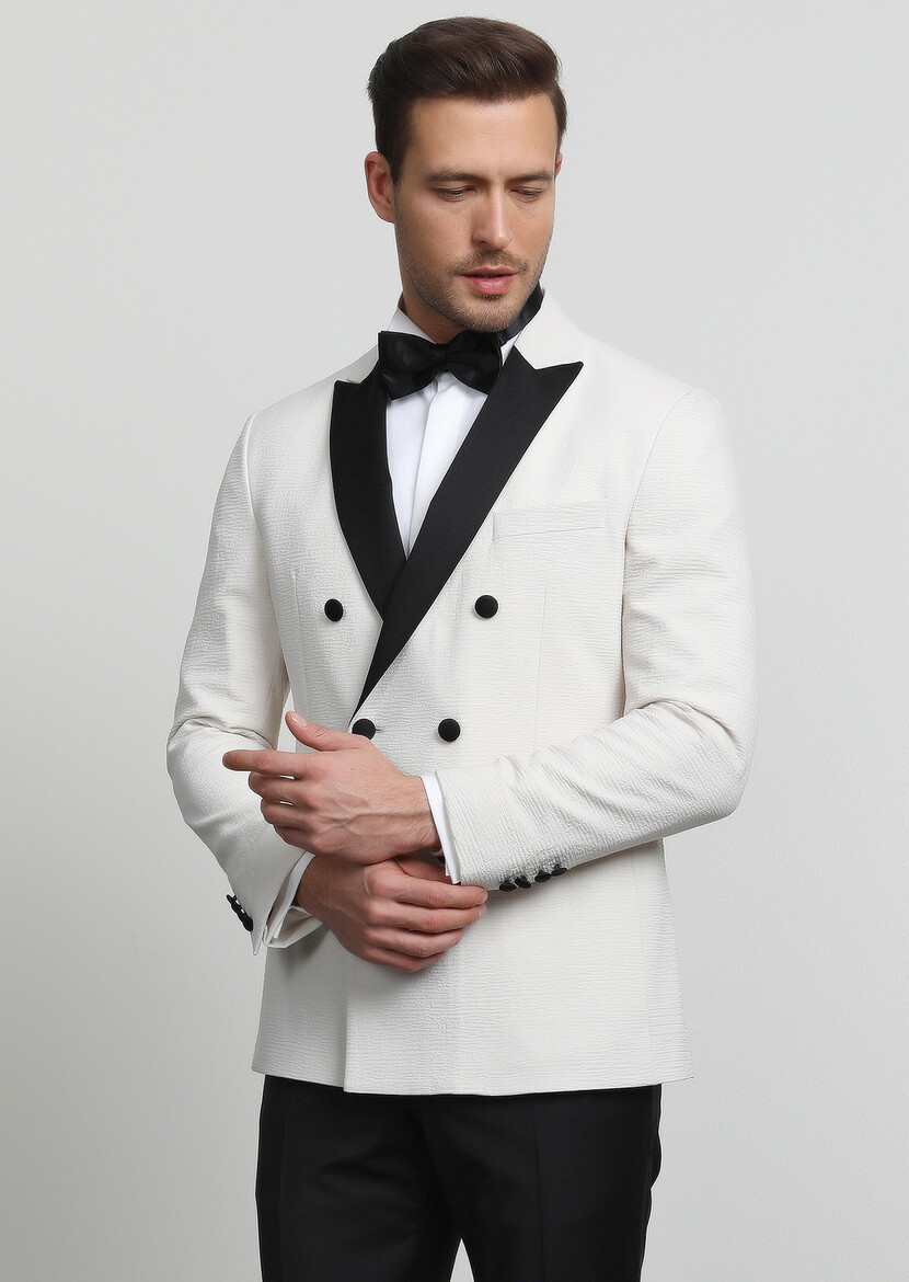 Ecru Plain Zeroweight Slim Fit Double Breasted Collar Weaving Tuxedo - 3