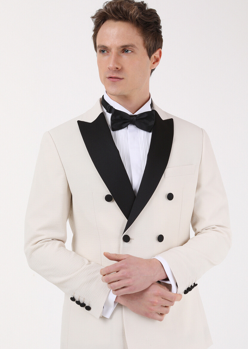 Ecru Plain Zeroweight Slim Fit Double Breasted Collar Weaving Tuxedo - 3