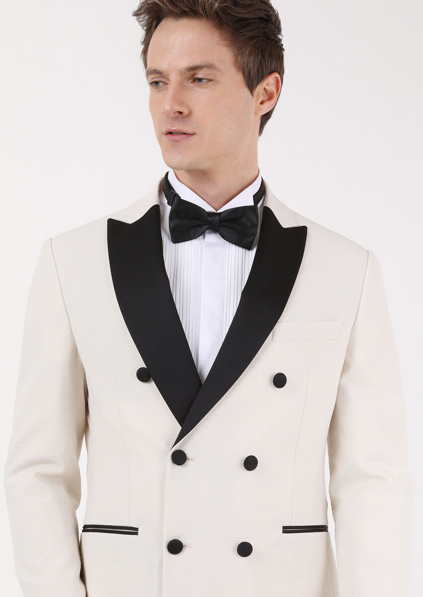 Ecru Plain Zeroweight Slim Fit Double Breasted Collar Weaving Tuxedo - 4