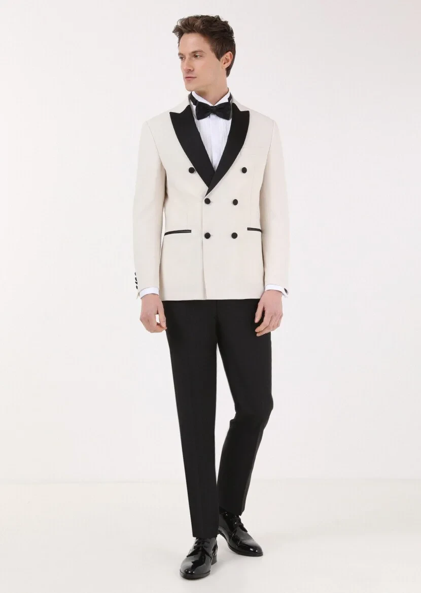 Ecru Plain Zeroweight Slim Fit Double Breasted Collar Weaving Tuxedo - 2