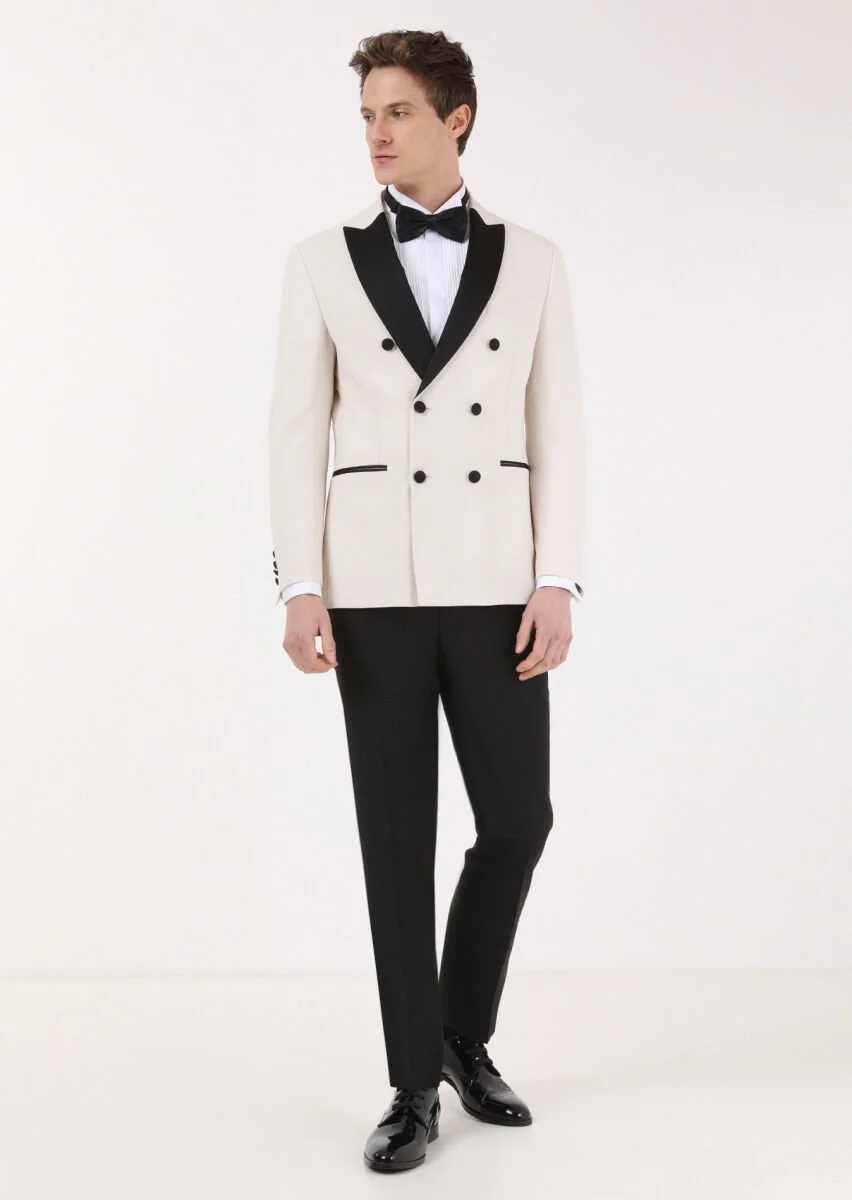 Ecru Plain Zeroweight Slim Fit Double Breasted Collar Weaving Tuxedo - 2