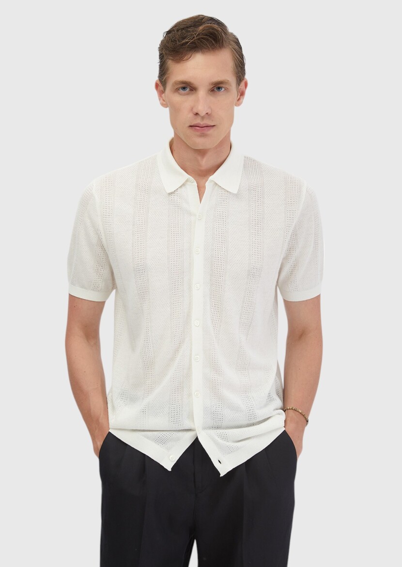 Ecru Polo Neck Jacquard Linen Blended Cardigan - RAMSEY