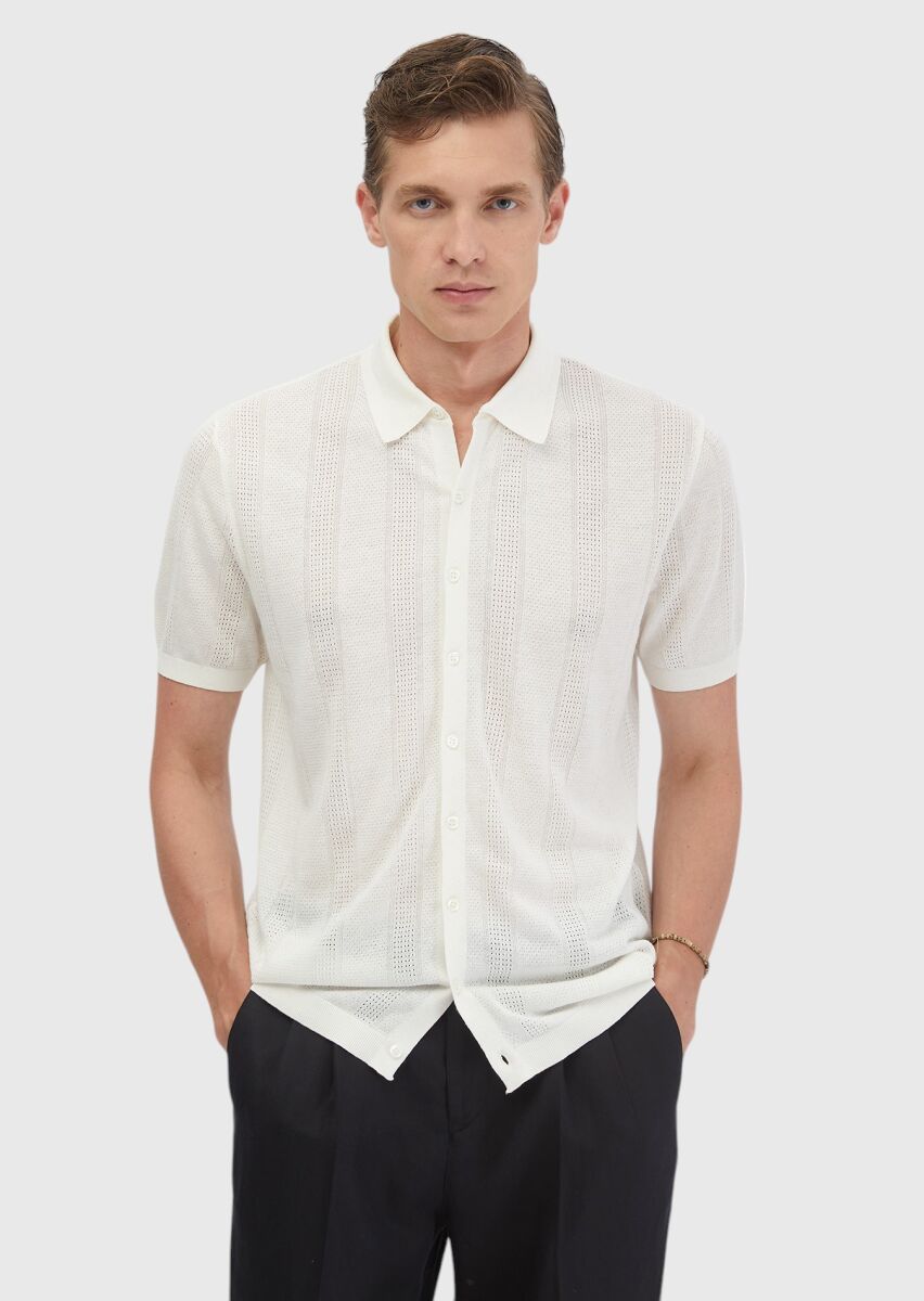 Ecru Polo Neck Jacquard Linen Blended Cardigan - 1