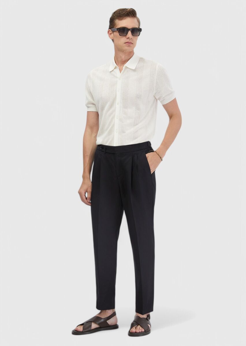 Ecru Polo Neck Jacquard Linen Blended Cardigan - 2