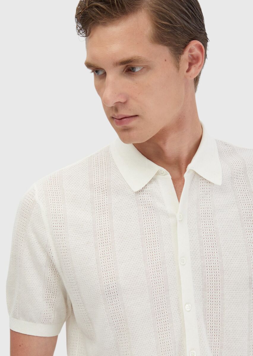 Ecru Polo Neck Jacquard Linen Blended Cardigan - 3