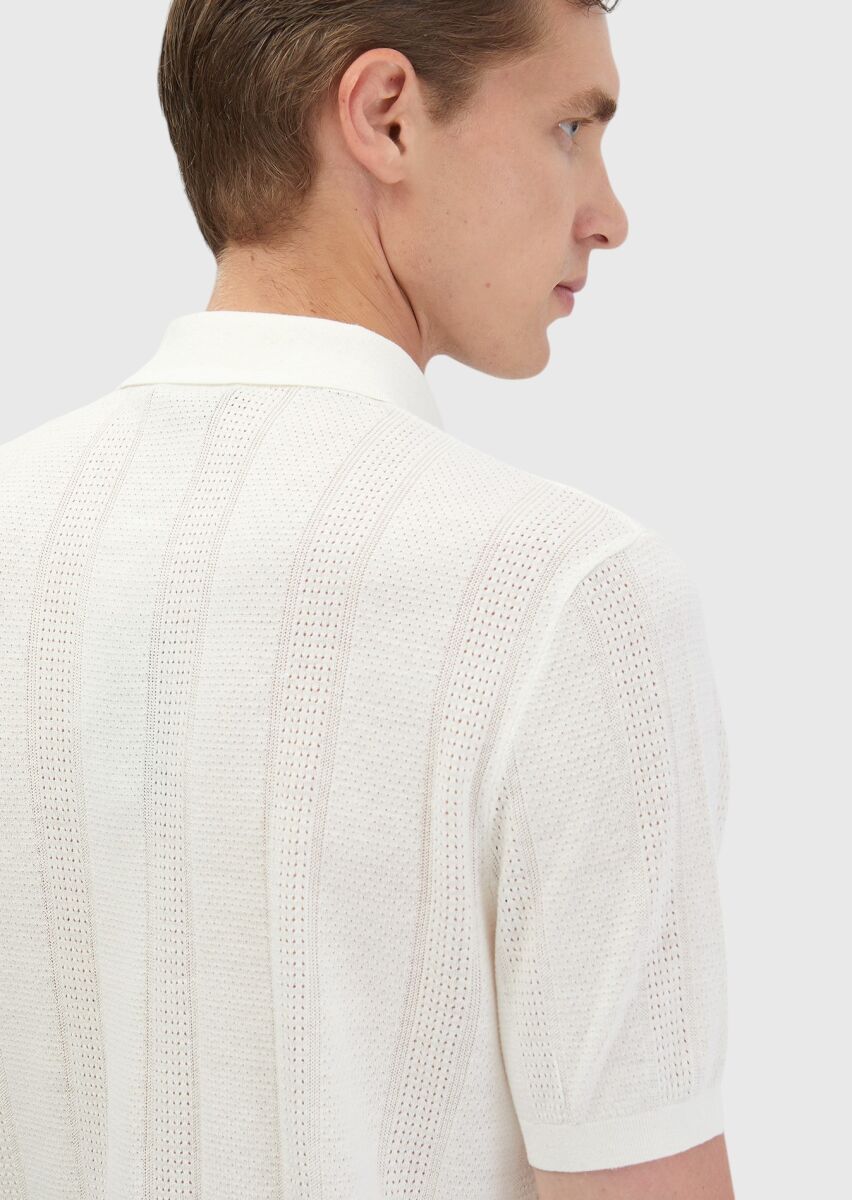 Ecru Polo Neck Jacquard Linen Blended Cardigan - 5