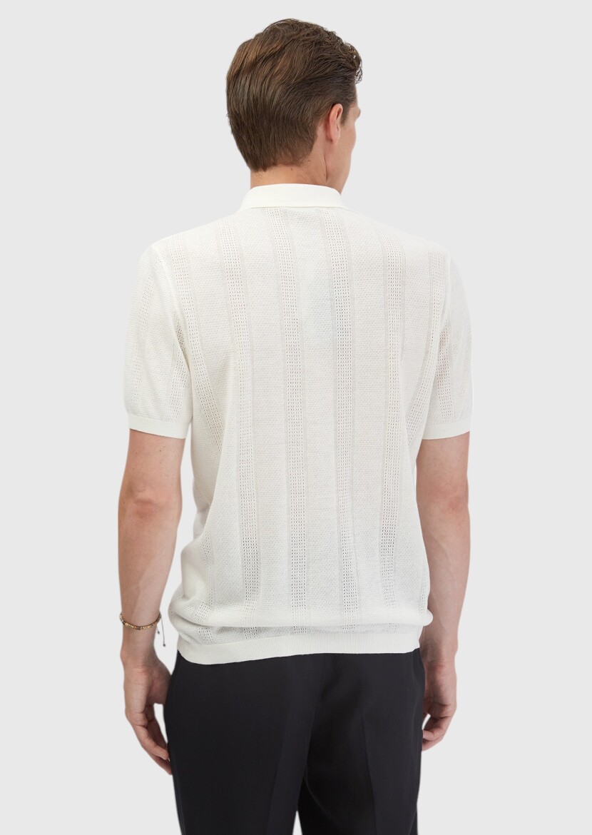 Ecru Polo Neck Jacquard Linen Blended Cardigan - 6