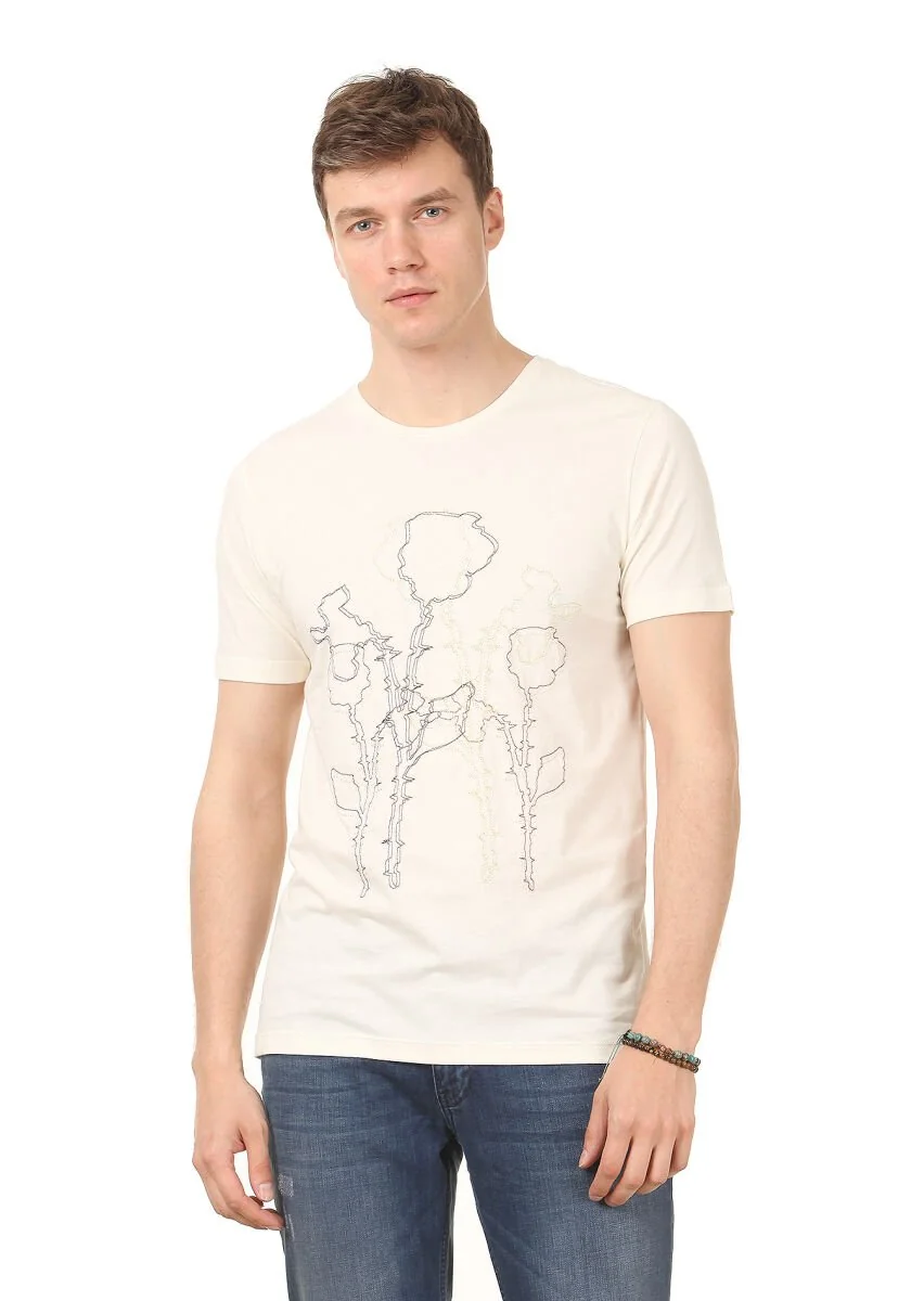 Ecru Printed 100% Cotton T-Shirt - 1
