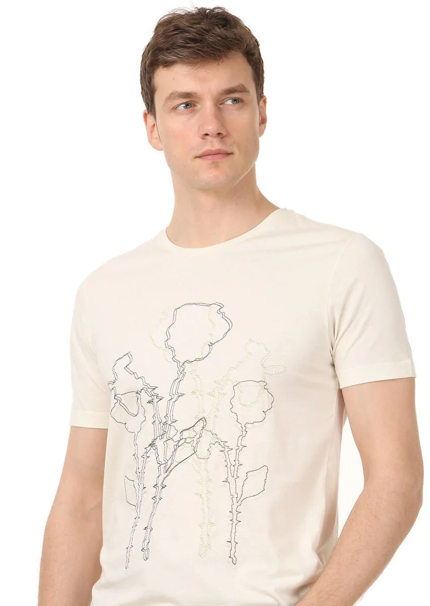 Ecru Printed 100% Cotton T-Shirt - 2
