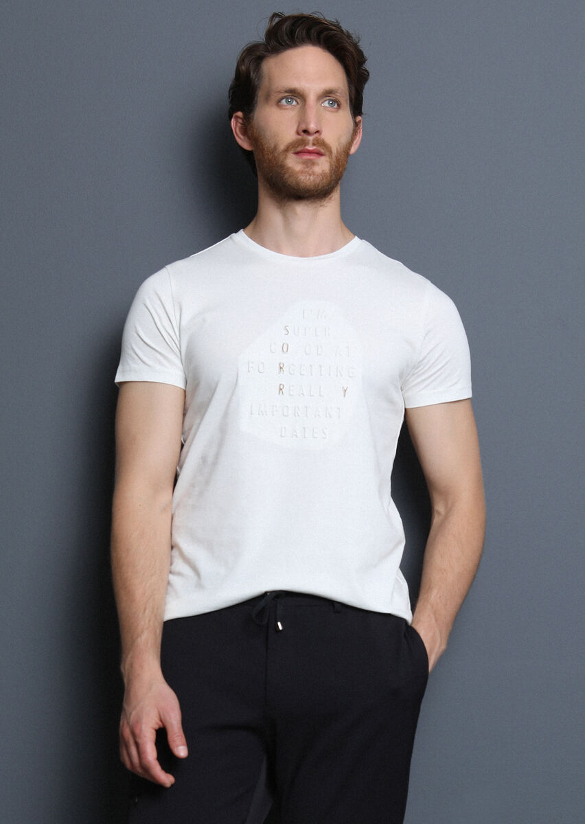 Ecru Printed 100% Cotton T-Shirt - 1