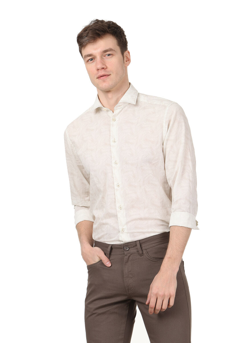 Ecru Printed Regular Fit Long Weaving Casual 100% Cotton Shirt - 1