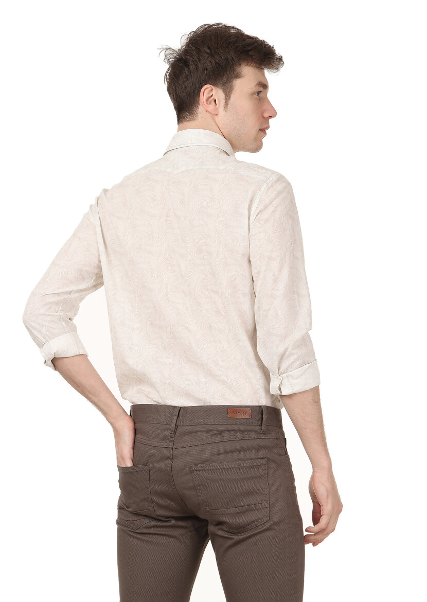 Ecru Printed Regular Fit Long Weaving Casual 100% Cotton Shirt - 4