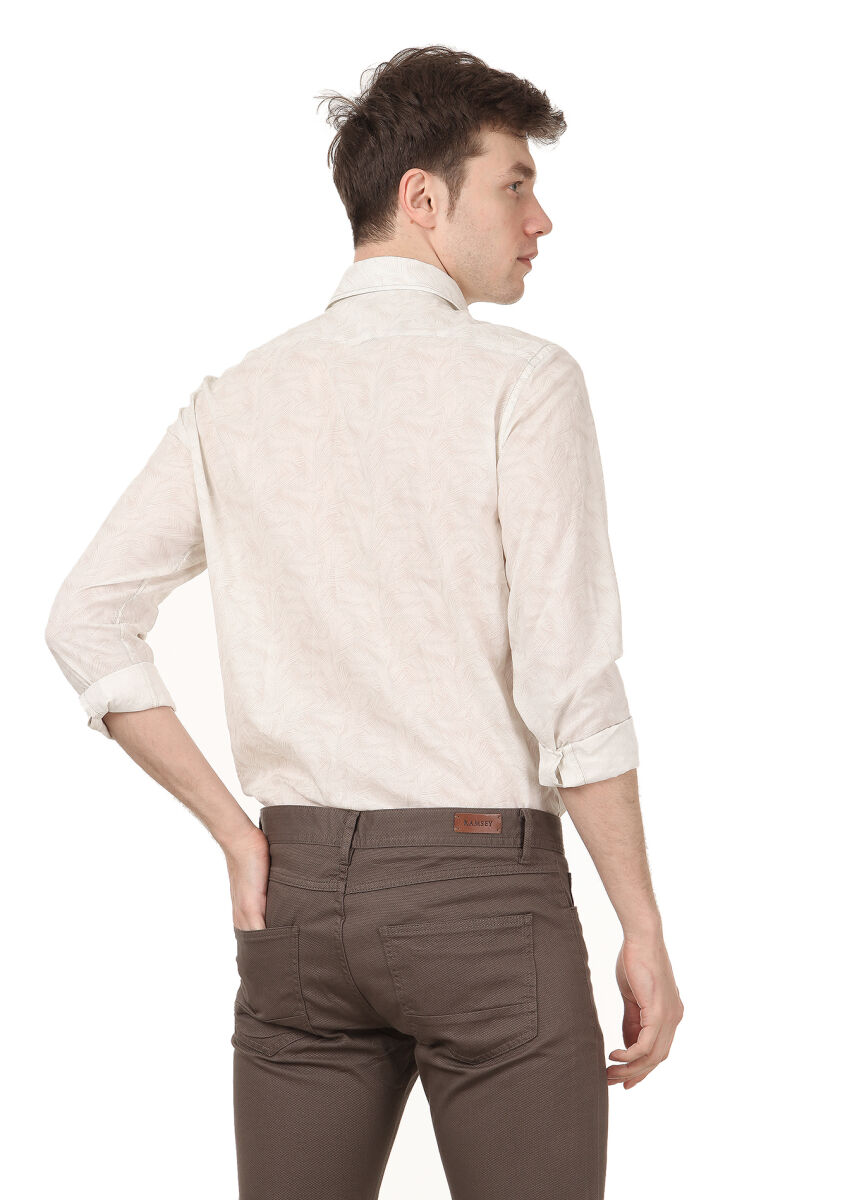 Ecru Printed Regular Fit Long Weaving Casual 100% Cotton Shirt - 4