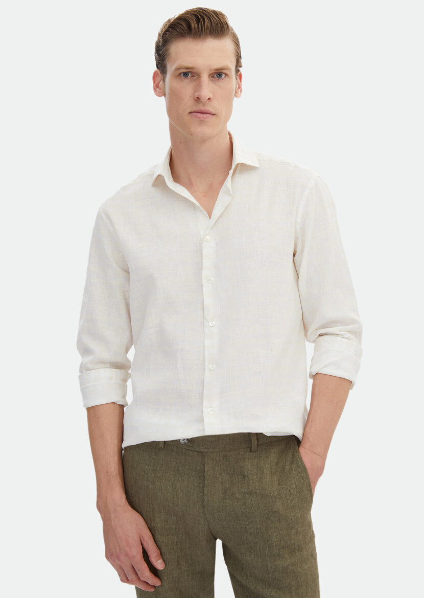 Ecru Printed Regular Fit Long Weaving Casual 100% Linen Shirt - 1