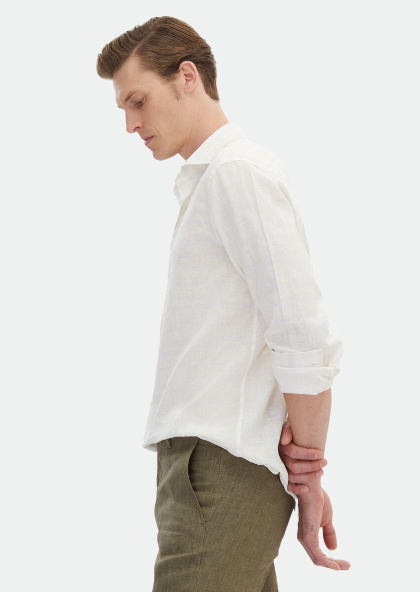 Ecru Printed Regular Fit Long Weaving Casual 100% Linen Shirt - 4