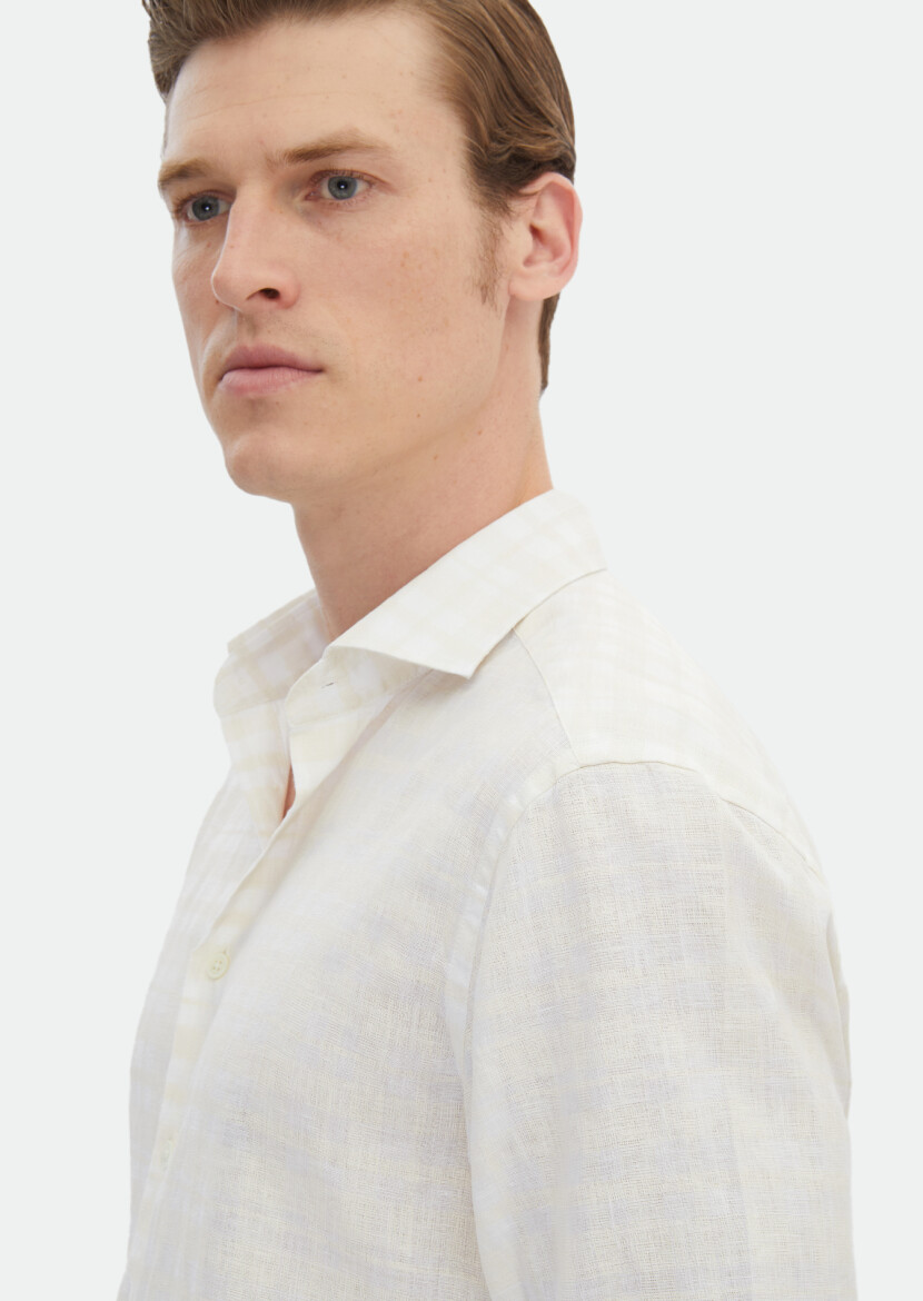 Ecru Printed Regular Fit Long Weaving Casual 100% Linen Shirt - 5