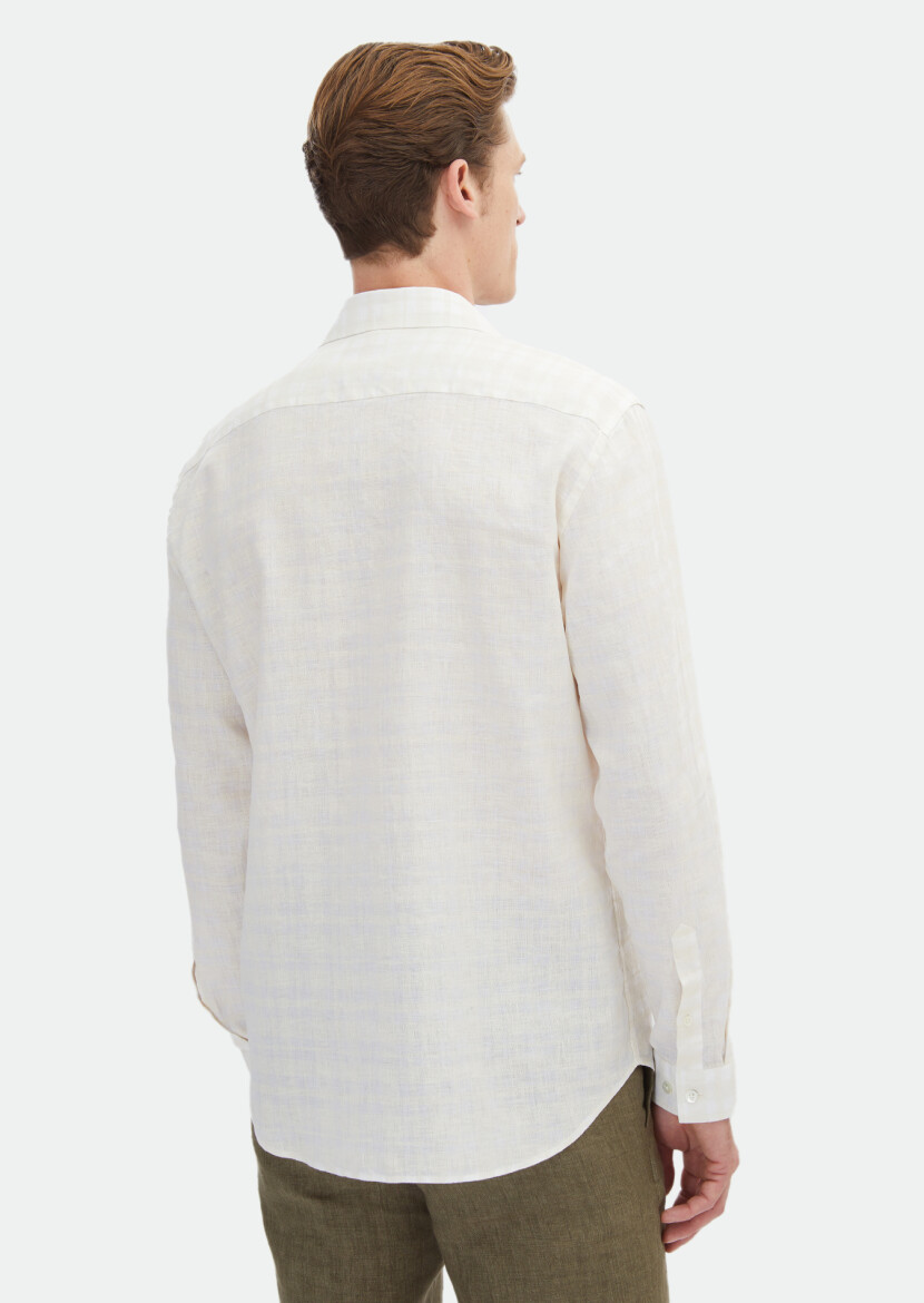 Ecru Printed Regular Fit Long Weaving Casual 100% Linen Shirt - 6