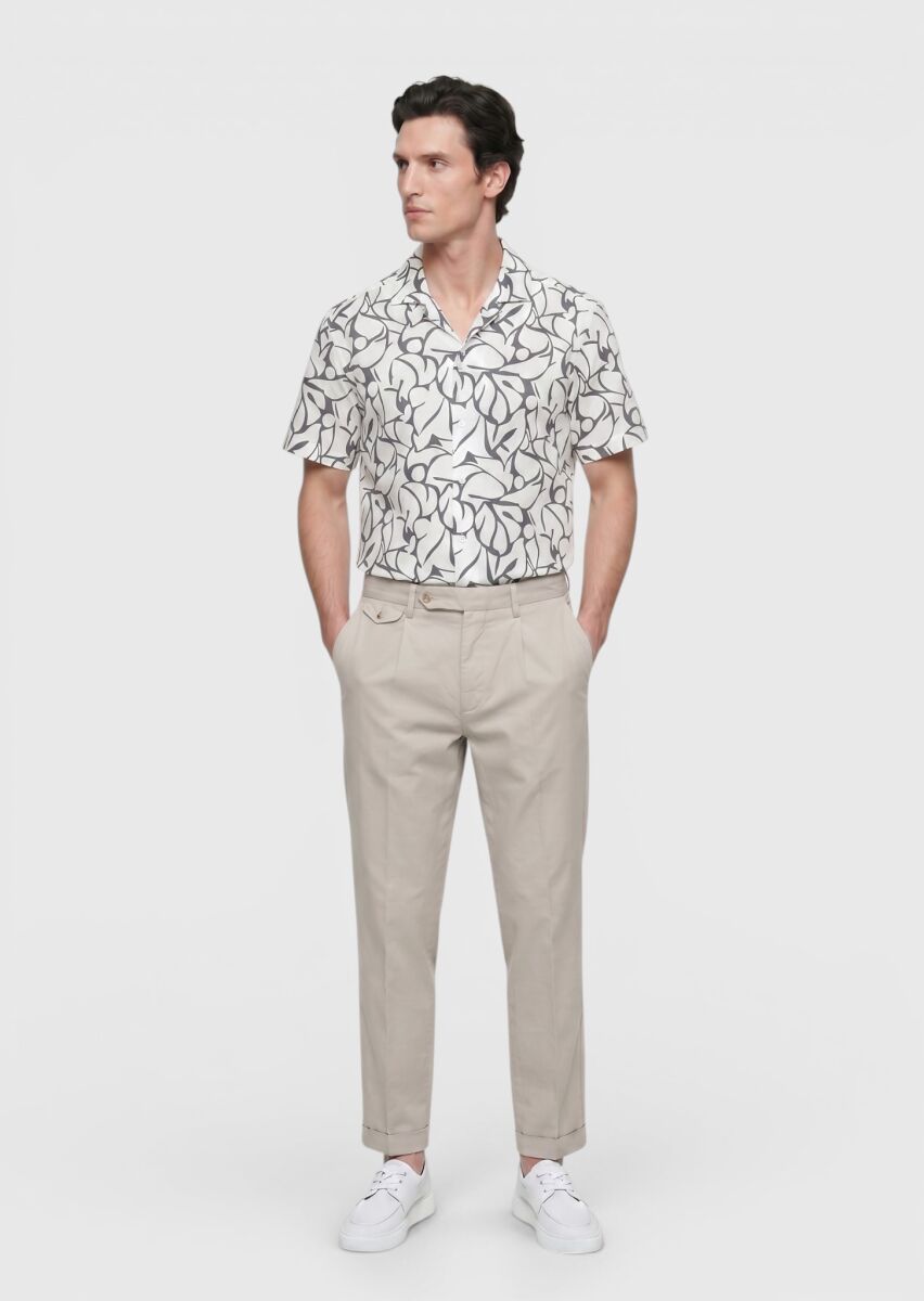 Ecru Printed Regular Fit Short Weaving Casual 100% Cotton Shirt - 2