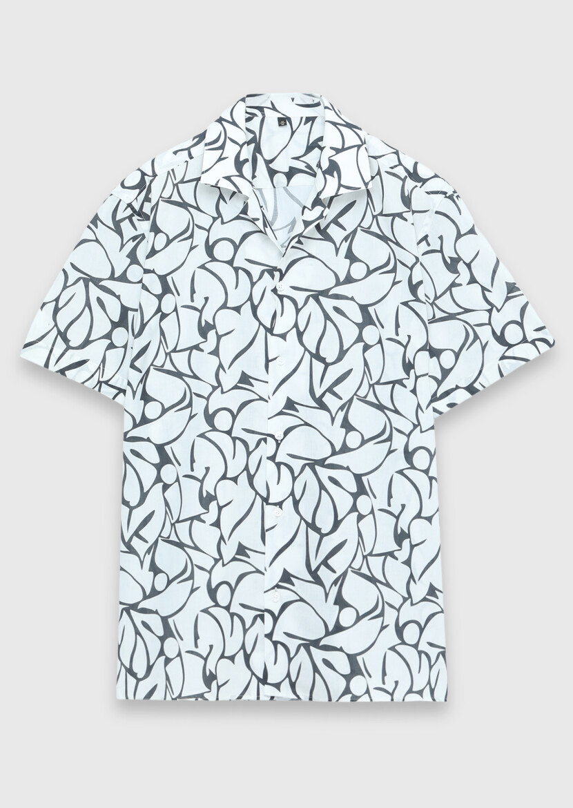 Ecru Printed Regular Fit Short Weaving Casual 100% Cotton Shirt - 6