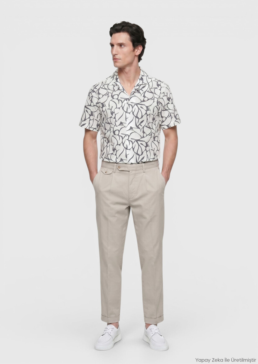 Ecru Printed Regular Fit Short Weaving Casual 100% Cotton Shirt - RAMSEY