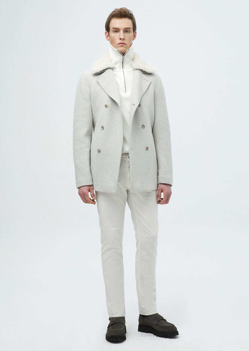 Ecru Regular Fit Casual Weaving Coat - RAMSEY