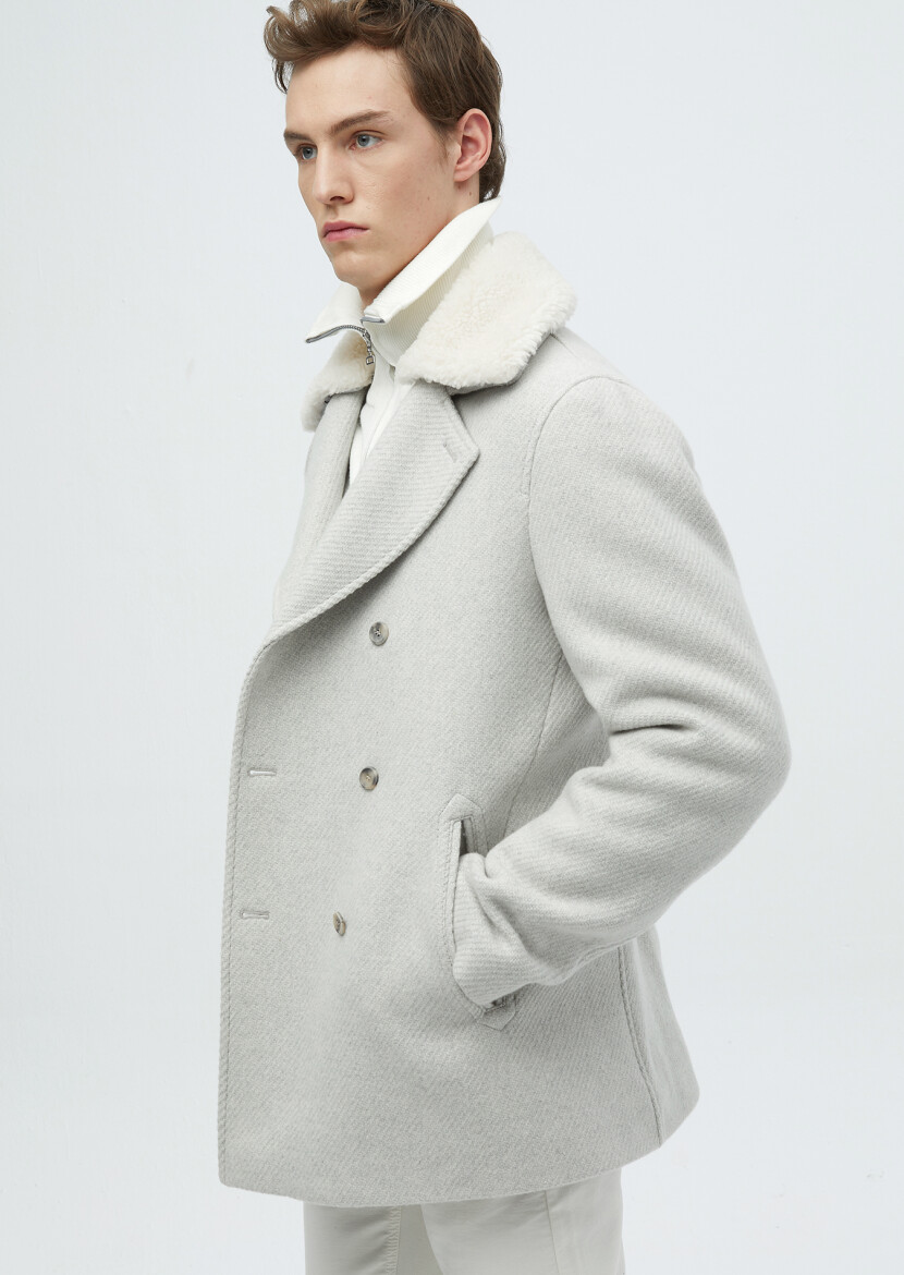 Ecru Regular Fit Casual Weaving Coat - 3