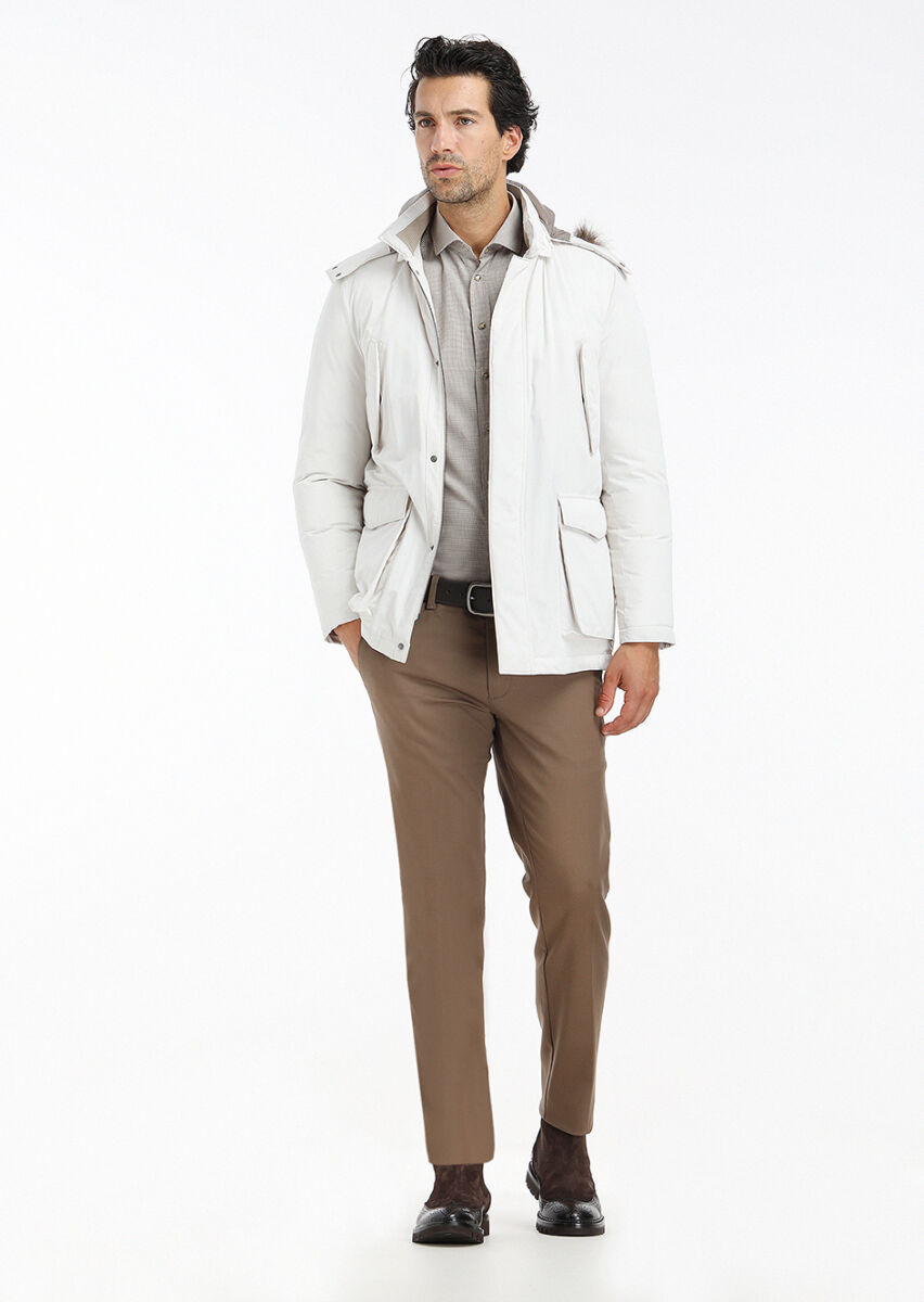 Ecru Regular Fit Casual Weaving Removable Hood Coat - 1