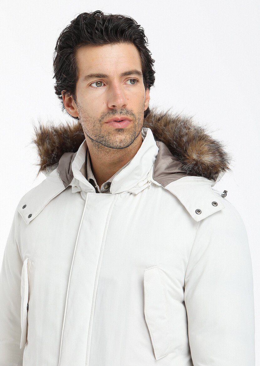 Ecru Regular Fit Casual Weaving Removable Hood Coat - 2