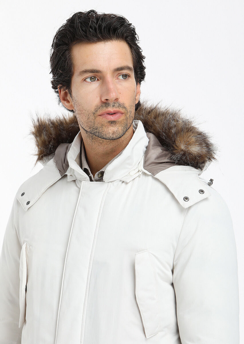 Ecru Regular Fit Casual Weaving Removable Hood Coat - 2