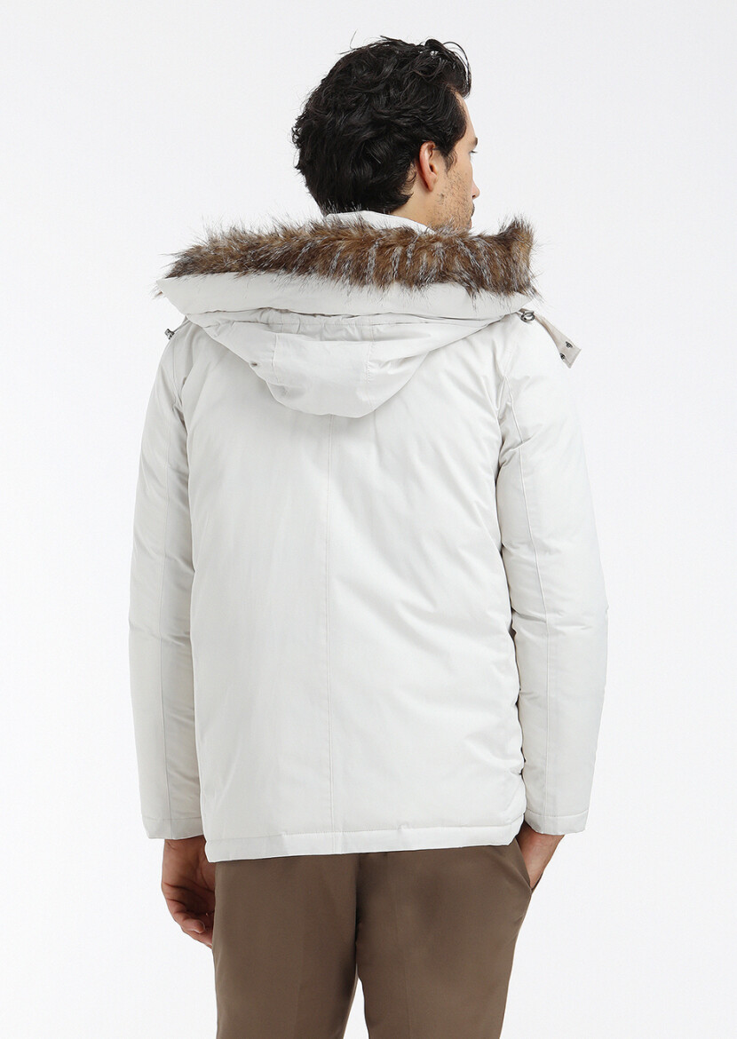 Ecru Regular Fit Casual Weaving Removable Hood Coat - 5