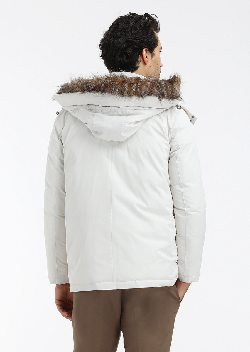 Ecru Regular Fit Casual Weaving Removable Hood Coat - 5