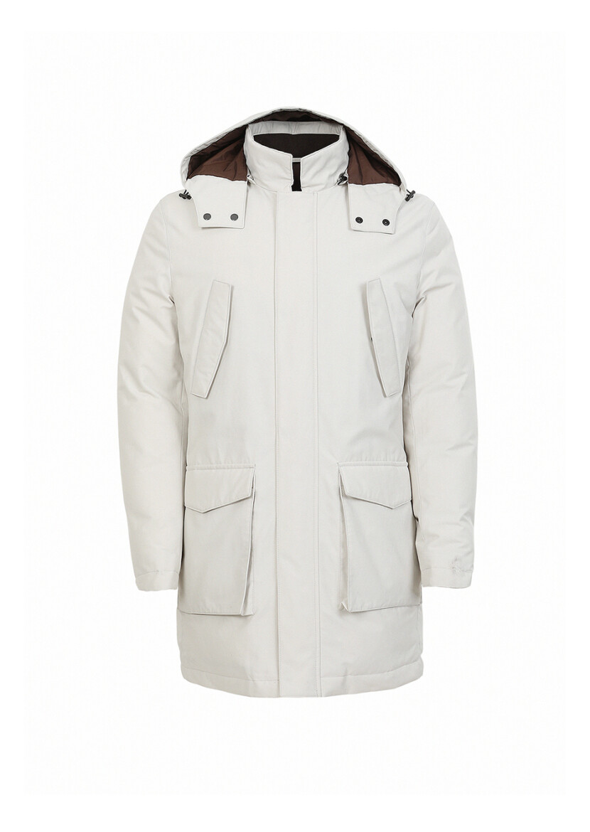 Ecru Regular Fit Casual Weaving Removable Hood Coat - 6