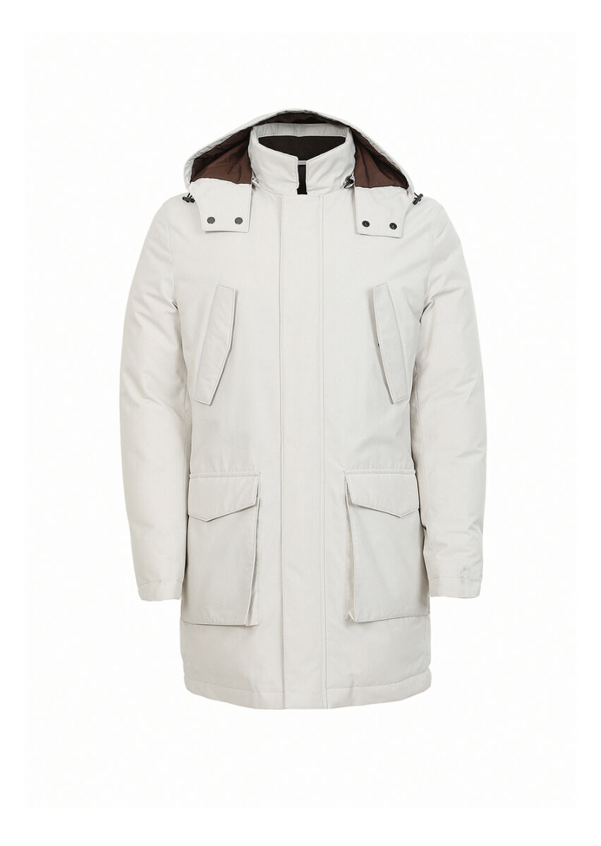 Ecru Regular Fit Casual Weaving Removable Hood Coat - 6