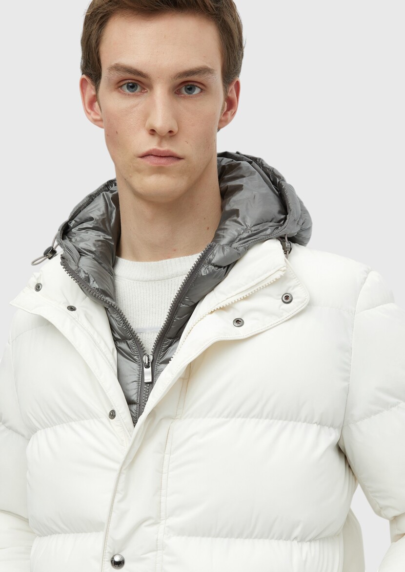 Ecru Regular Fit Casual Weaving Removable Hood Coat - 4