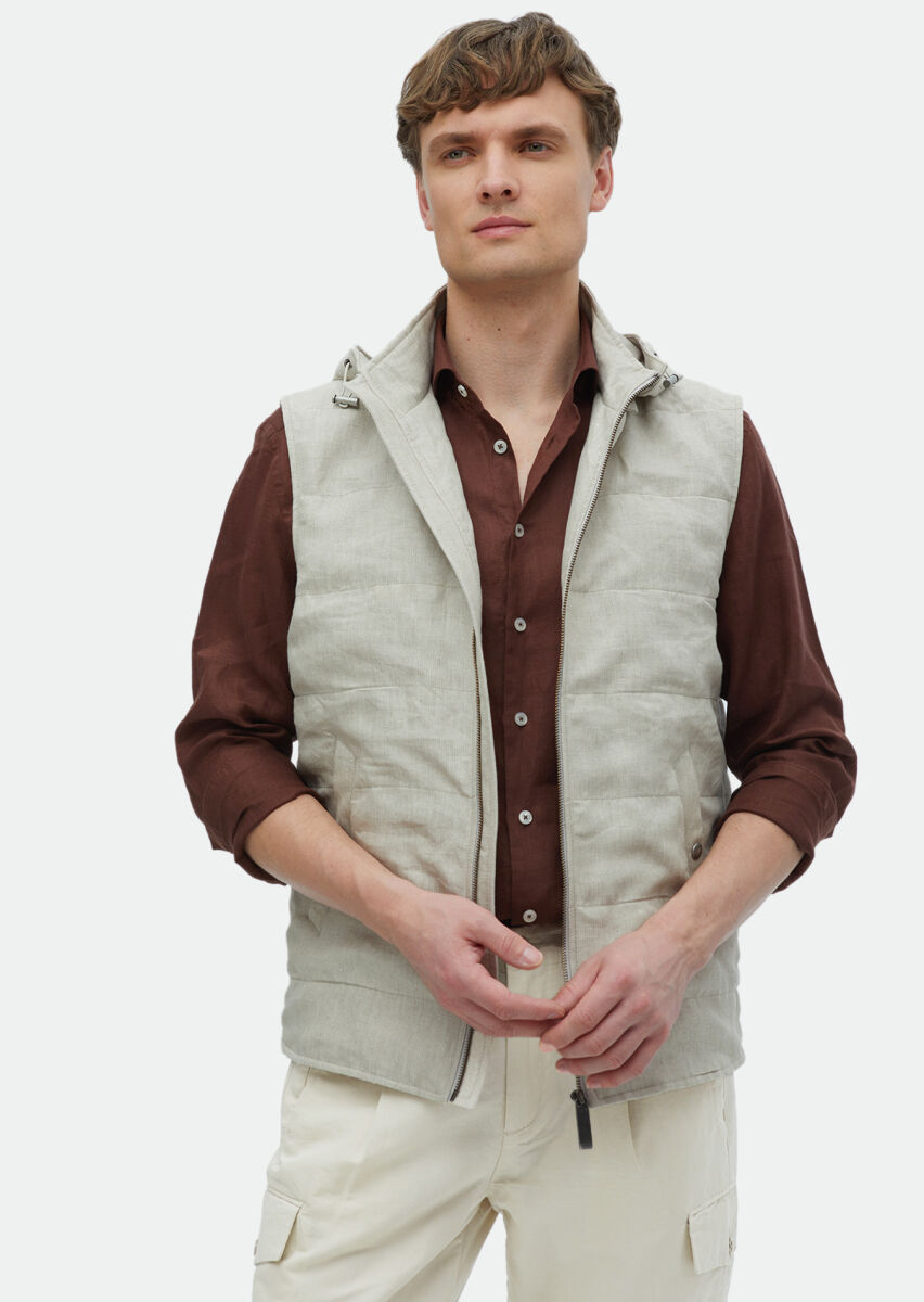 Ecru Regular Fit Casual Weaving Removable Hood Puffer Vest - 1