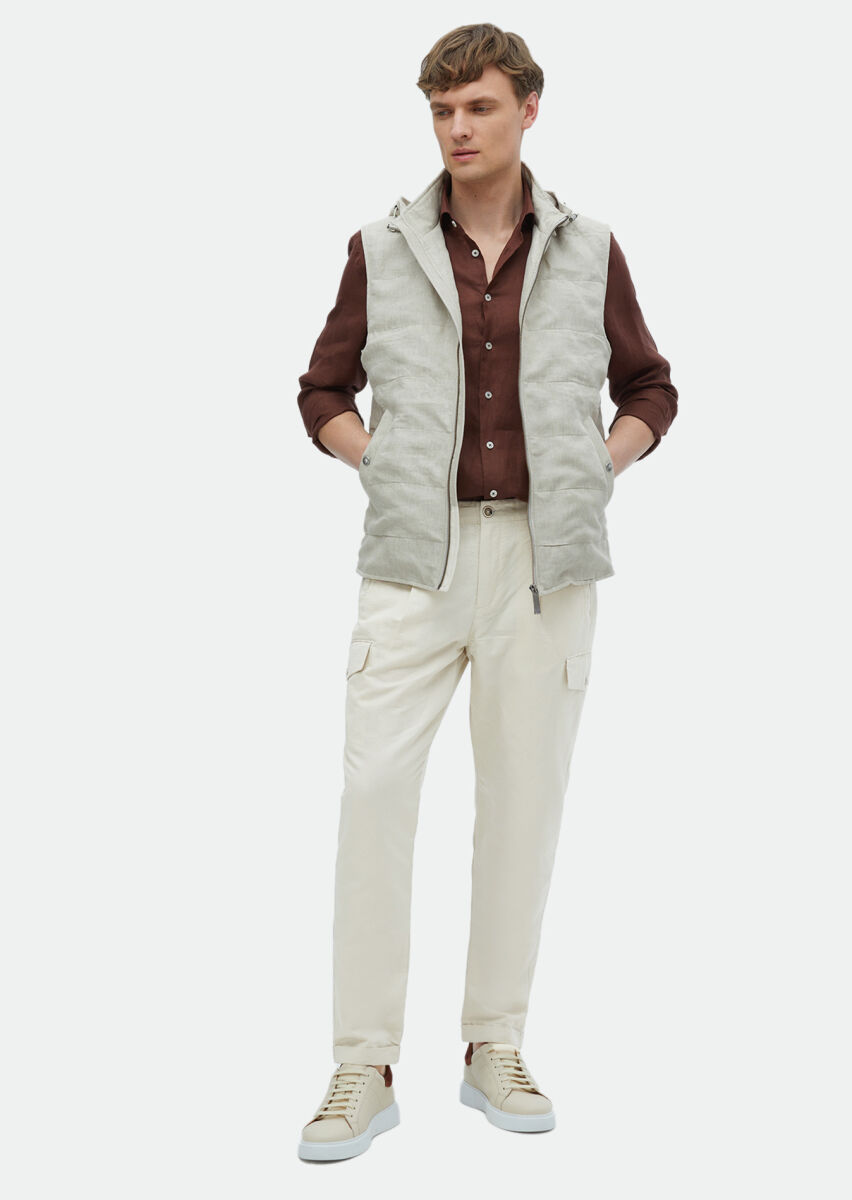 Ecru Regular Fit Casual Weaving Removable Hood Puffer Vest - 2